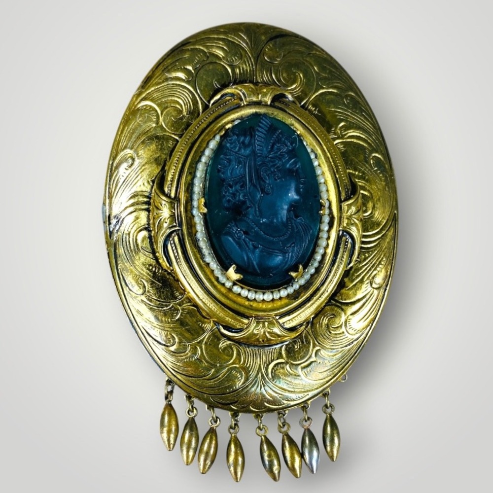 Victorian Cameo Brooch Mourning Style Dangle‎ Pin Upcycled Repurposed Antique